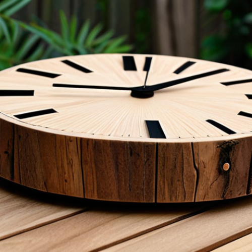 **

Elegant analog clock featuring slim hands made of recycled wood, minimalist dial. Focus on "back to nature" aesthetic.

**