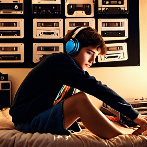 **

A nostalgic scene of a teenager in the 1980s or 1990s, sitting in their bedroom surrounded by cassette tapes and a cassette deck. The room is dimly lit, perhaps with string lights, and the teenager is intently listening to music through headphones (Walkman). The overall mood is one of youthful passion and a love for music. Add details like posters on the wall and other period-appropriate decorations.

**