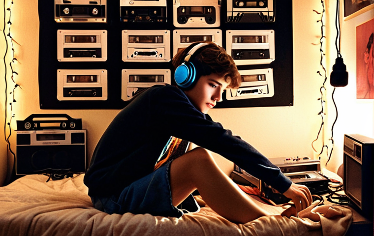 **

A nostalgic scene of a teenager in the 1980s or 1990s, sitting in their bedroom surrounded by cassette tapes and a cassette deck. The room is dimly lit, perhaps with string lights, and the teenager is intently listening to music through headphones (Walkman). The overall mood is one of youthful passion and a love for music. Add details like posters on the wall and other period-appropriate decorations.

**