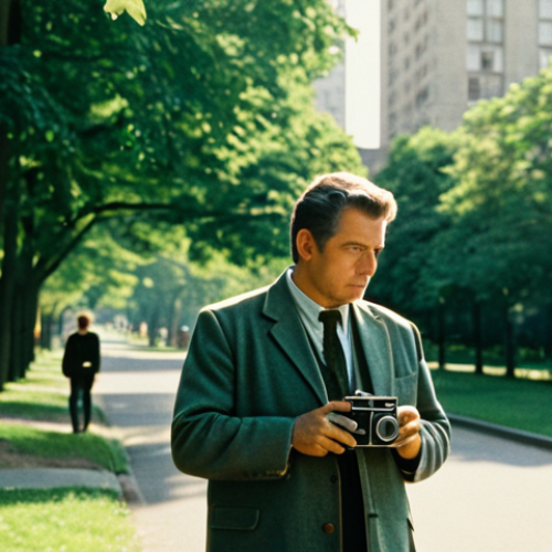 A professional photographer, fully clothed in a modest, tasteful jacket and trousers, stands in a sun-dappled urban park. They are holding a vintage film camera, looking thoughtfully into the distance, perhaps contemplating a shot. The scene is bathed in warm, soft afternoon light, highlighting lush green foliage and distant muted city buildings. The image conveys a sense of calm and nostalgia, with the aesthetic of classic color negative film, featuring natural skin tones, gentle color saturation, and subtle, pleasant film grain. safe for work, appropriate content, fully clothed, family-friendly, perfect anatomy, correct proportions, natural pose, well-formed hands, proper finger count, natural body proportions, professional photography, high quality.