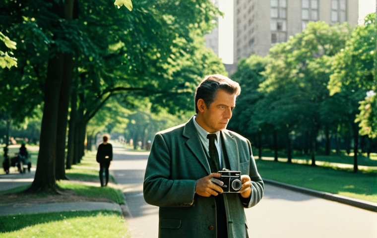 A professional photographer, fully clothed in a modest, tasteful jacket and trousers, stands in a sun-dappled urban park. They are holding a vintage film camera, looking thoughtfully into the distance, perhaps contemplating a shot. The scene is bathed in warm, soft afternoon light, highlighting lush green foliage and distant muted city buildings. The image conveys a sense of calm and nostalgia, with the aesthetic of classic color negative film, featuring natural skin tones, gentle color saturation, and subtle, pleasant film grain. safe for work, appropriate content, fully clothed, family-friendly, perfect anatomy, correct proportions, natural pose, well-formed hands, proper finger count, natural body proportions, professional photography, high quality.