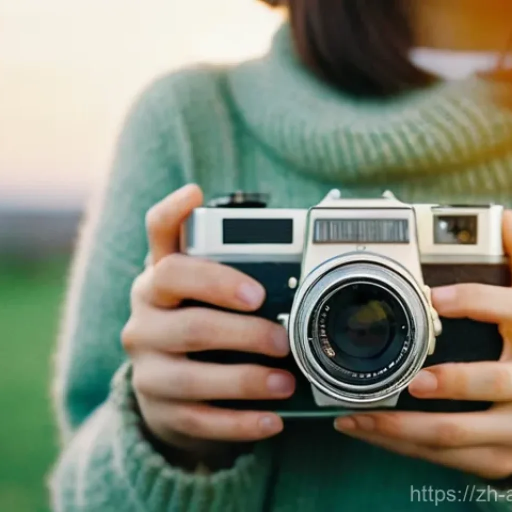 아날로그 기술의 현재 - **Prompt for Film Camera:**
    "A person, wearing warm, vintage-inspired everyday clothing like a c...