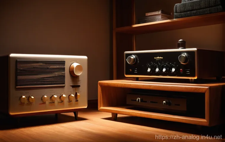 아날로그 오디오 앰프 - **Prompt 1: The Embrace of Analog Warmth**
    A tranquil and cozy indoor scene bathed in soft, ambe...