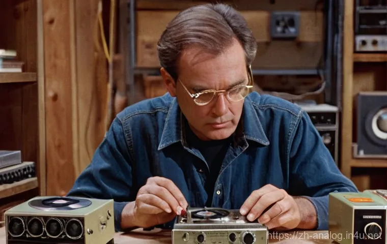 아날로그 기기 수리 - **Prompt: The Vintage Diagnosis - Buzz and Hiss**

    "A focused, middle-aged male hobbyist, wearin...