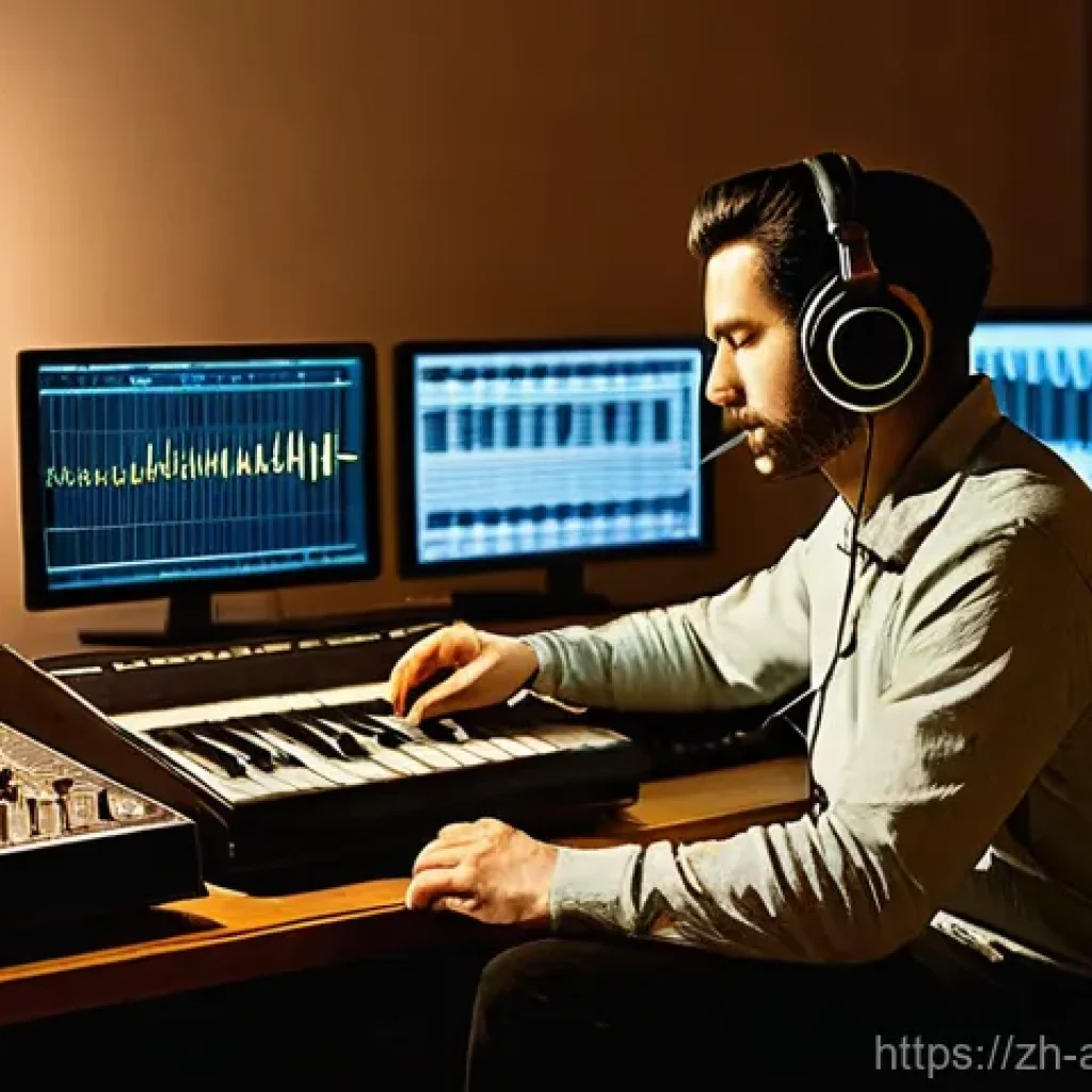 아날로그 레코딩 믹싱 - **Prompt:** A cozy, warmly lit music studio at dusk. In the foreground, a passionate audio engineer ...