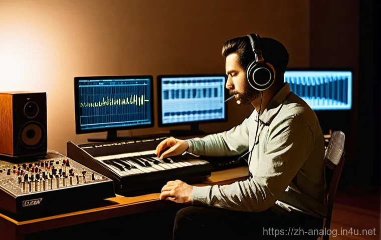 아날로그 레코딩 믹싱 - **Prompt:** A cozy, warmly lit music studio at dusk. In the foreground, a passionate audio engineer ...