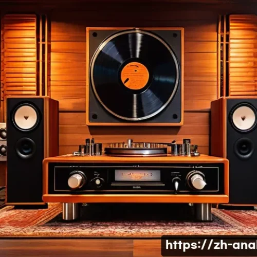 고급 아날로그 오디오 기기 - A cozy, elegant listening room featuring a vintage vacuum tube amplifier glowing warmly with orange ...