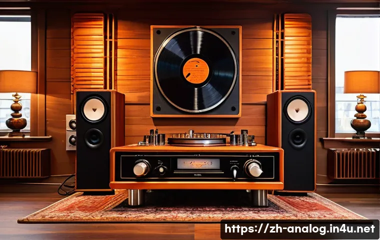 고급 아날로그 오디오 기기 - A cozy, elegant listening room featuring a vintage vacuum tube amplifier glowing warmly with orange ...