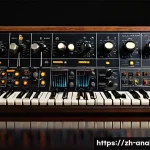 아날로그 합성기 - A close-up, hyper-detailed image of a classic analog synthesizer control panel featuring multiple os...