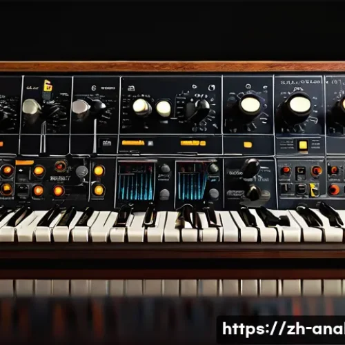 아날로그 합성기 - A close-up, hyper-detailed image of a classic analog synthesizer control panel featuring multiple os...