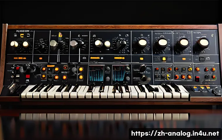 아날로그 합성기 - A close-up, hyper-detailed image of a classic analog synthesizer control panel featuring multiple os...