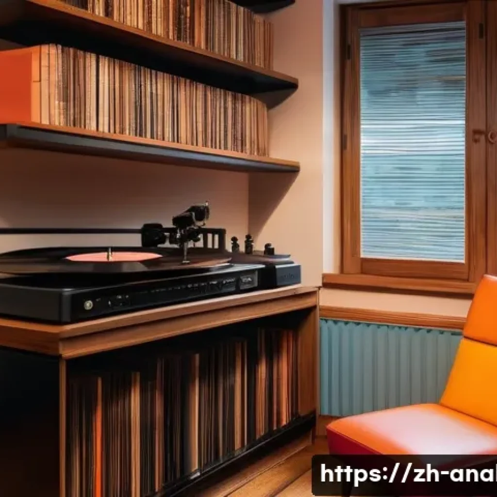 아날로그 음악 - A cozy, vintage-inspired music room featuring a classic turntable playing a black vinyl record, surr...