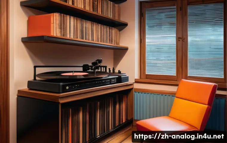 아날로그 음악 - A cozy, vintage-inspired music room featuring a classic turntable playing a black vinyl record, surr...