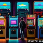 클래식 아날로그 게임 - A nostalgic pixel art scene of a classic retro arcade room filled with vintage gaming machines, glow...