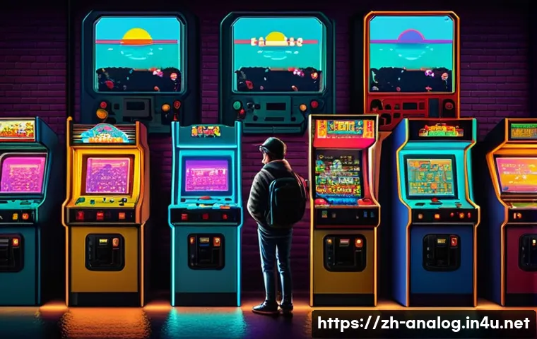 클래식 아날로그 게임 - A nostalgic pixel art scene of a classic retro arcade room filled with vintage gaming machines, glow...