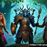 아날로그 카드 게임 - A vibrant fantasy-themed role-playing card game scene featuring a diverse group of characters in det...