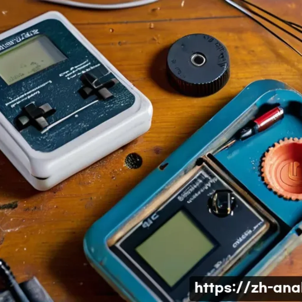 레트로 기기 수리 팁 - A detailed scene showing a vintage handheld game console with its battery compartment open, revealin...