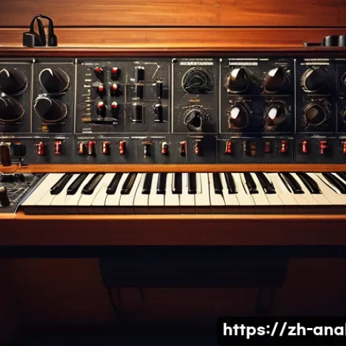 아날로그 악기 - A vintage-style analog synthesizer in a cozy recording studio setting, warm ambient lighting highlig...