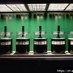 필름 현상 및 인화 - A detailed close-up of a traditional manual film developing tank setup in a dimly lit darkroom envir...