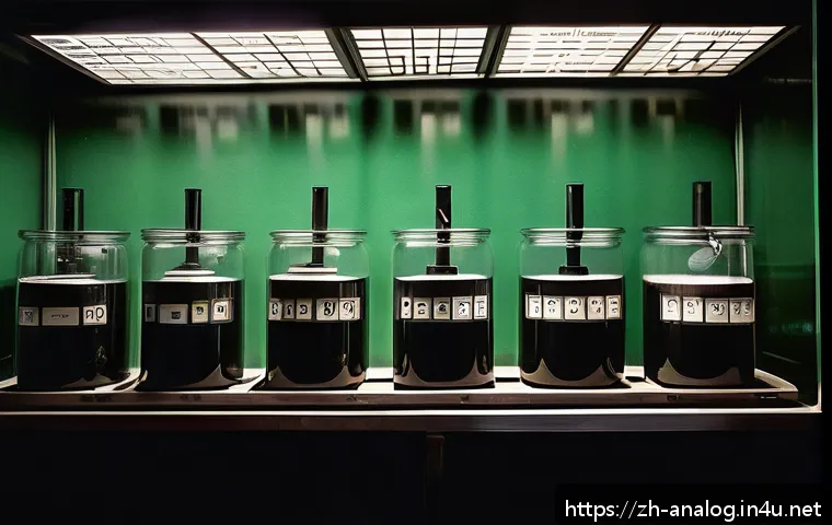 필름 현상 및 인화 - A detailed close-up of a traditional manual film developing tank setup in a dimly lit darkroom envir...