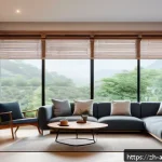디지털 기술의 발전 - A modern smart home interior at dusk, featuring sleek minimalist furniture and ambient smart lightin...
