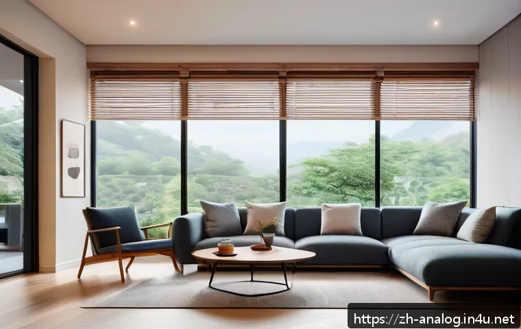 디지털 기술의 발전 - A modern smart home interior at dusk, featuring sleek minimalist furniture and ambient smart lightin...