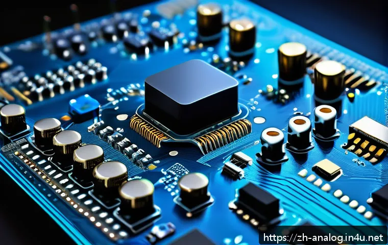 아날로그 전자기기 - A detailed close-up illustration of a high-precision analog circuit board featuring multiple operati...