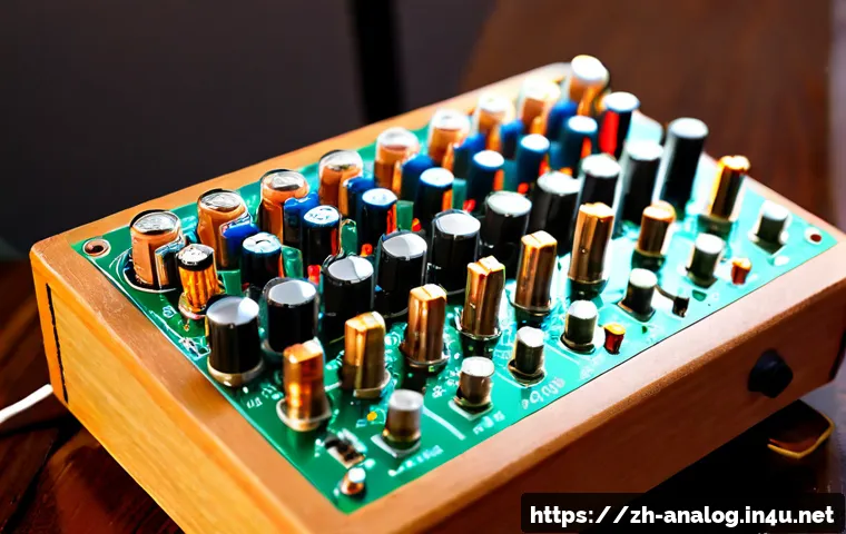 아날로그 오디오 필터 - Photorealistic close-up of a handcrafted analog audio filter circuit on a clean wooden workbench, co...