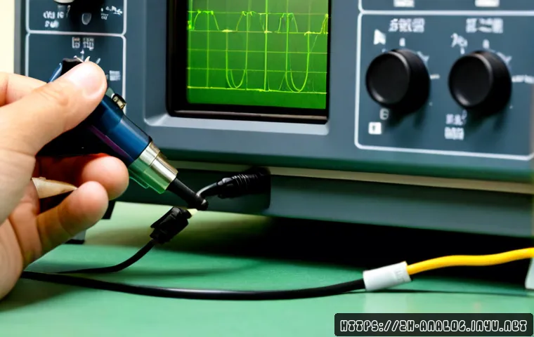 아날로그 오실로스코프 사용법 - Photorealistic close-up of an analog oscilloscope on a clean electronics workbench, a pair of adult ...