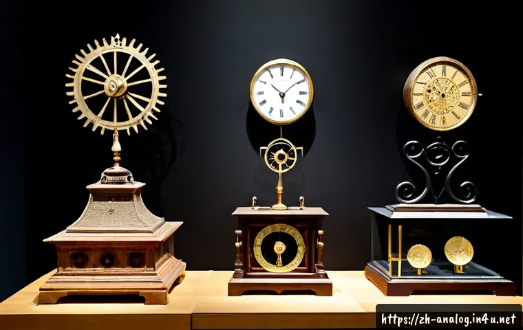 아날로그 시계 역사 - Photorealistic museum display showing the history of analog timekeeping: an ancient bronze sundial, ...