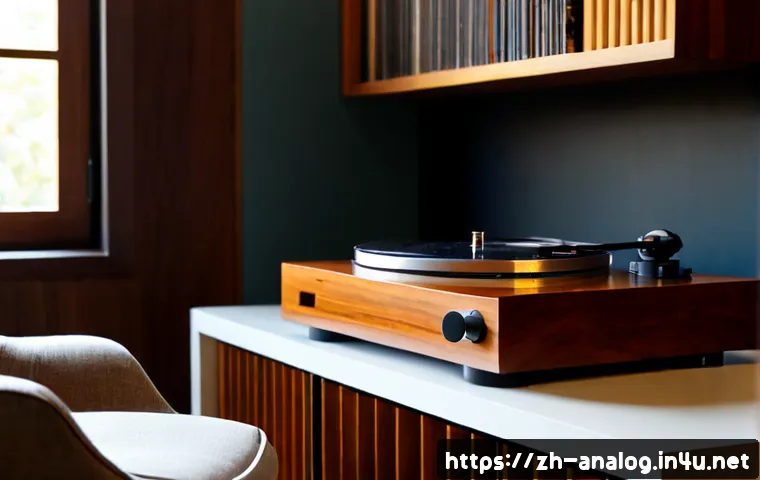 아날로그 오디오 플레이어 추천 - Photorealistic home listening room featuring a premium analog turntable with a vinyl record, warm wa...